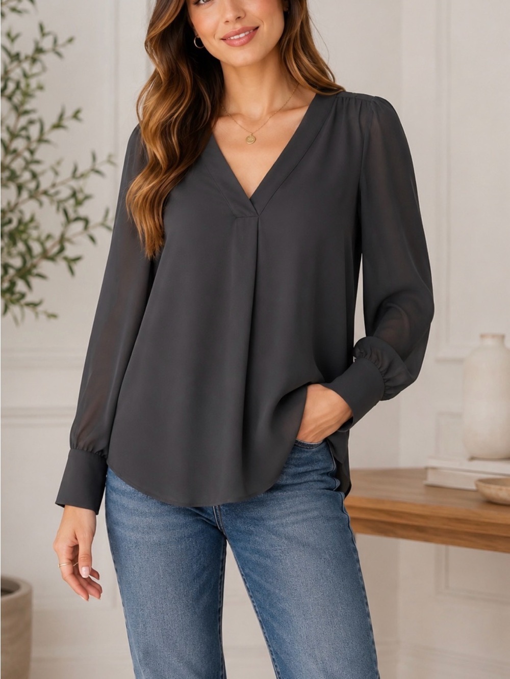Whowhatwear M black V neck lightweight business casual minimalist classic blouse